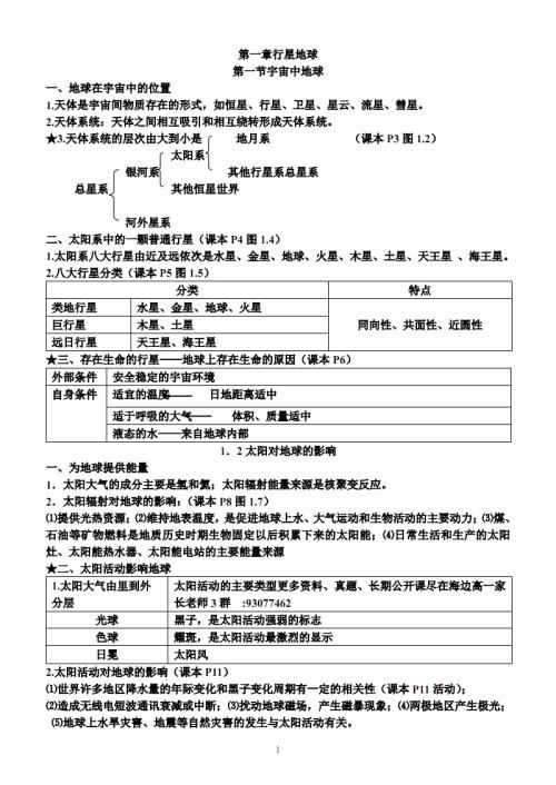 高一地理必修一知识点总结,高中地理必修1全册思维导图