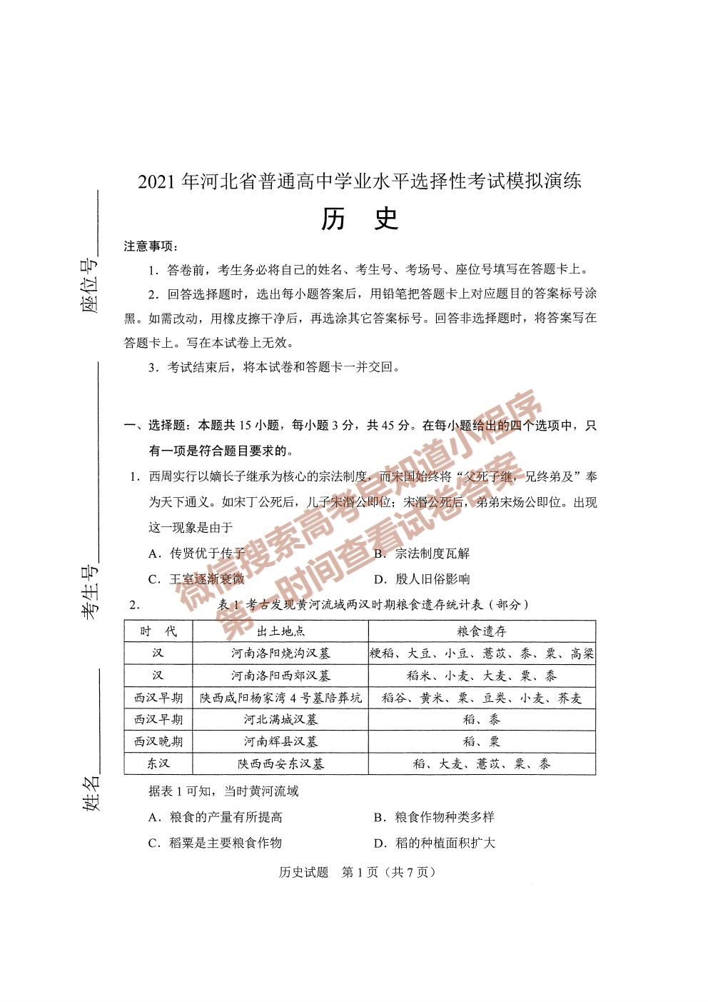 2021年河北新高考试卷历史