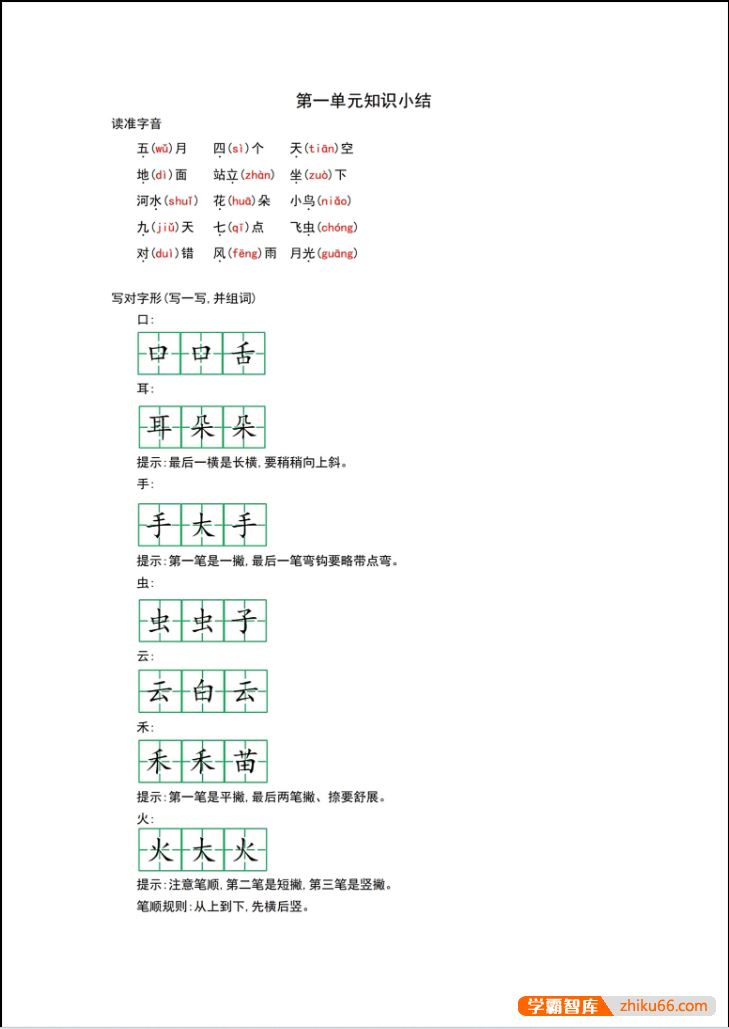 统编版小学语文1-6年级上册期末复习知识点汇总